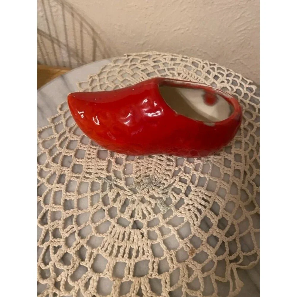 Vintage Red Glossy Ceramic Clog Planter